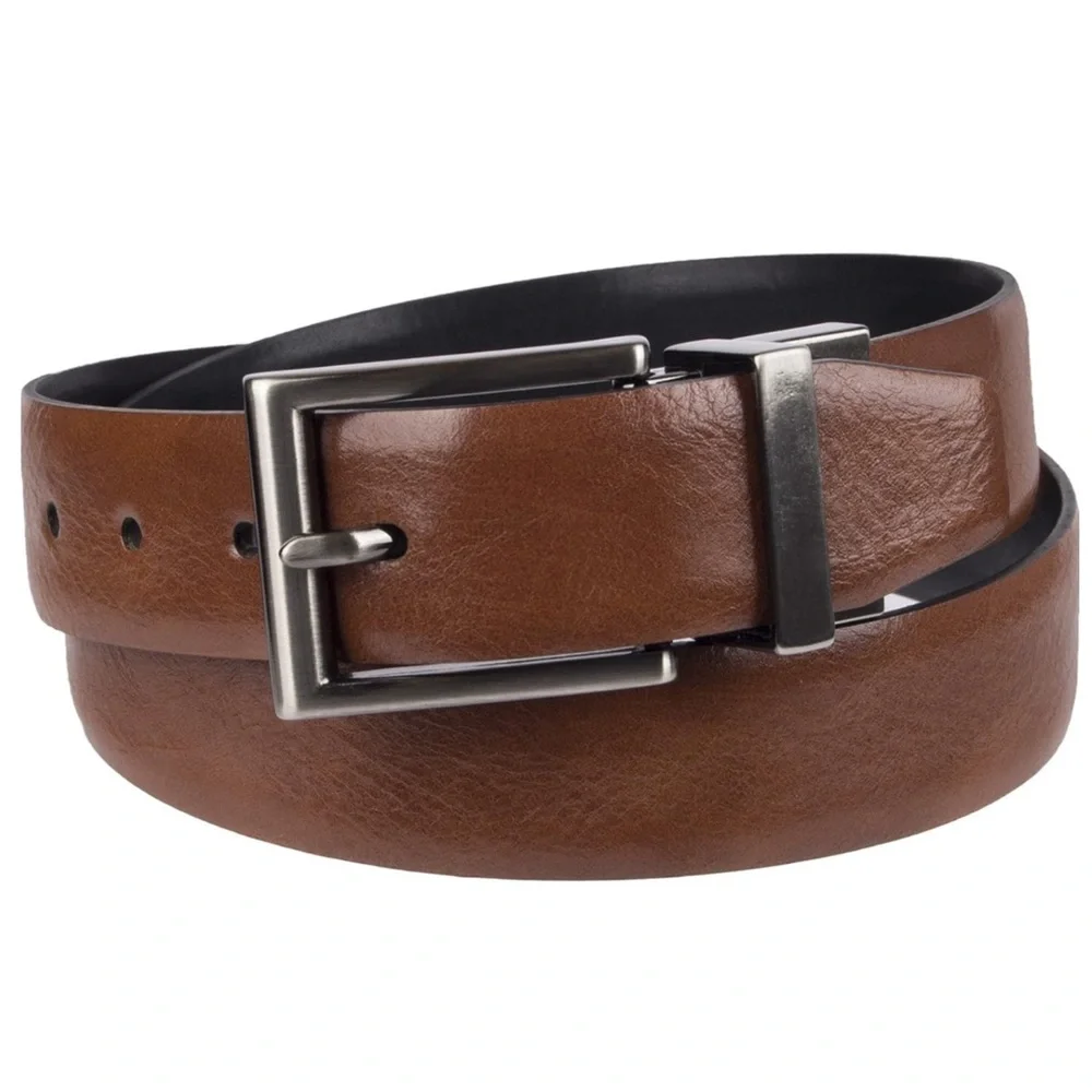 Chaps Boys Reversible Black Brown Faux Leather Belt Silver Square Buckle
